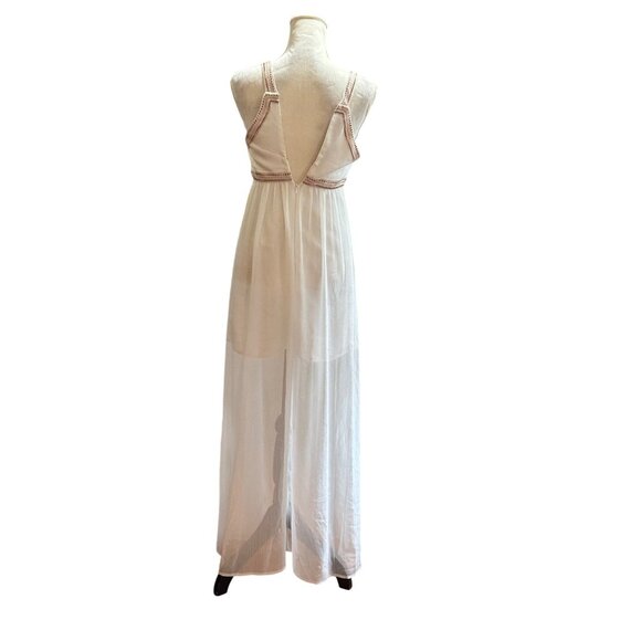 BCBGGeneration White Sheer Maxi Dress With Embroidered Trim Peasant Dress Size 0 - Picture 2 of 11